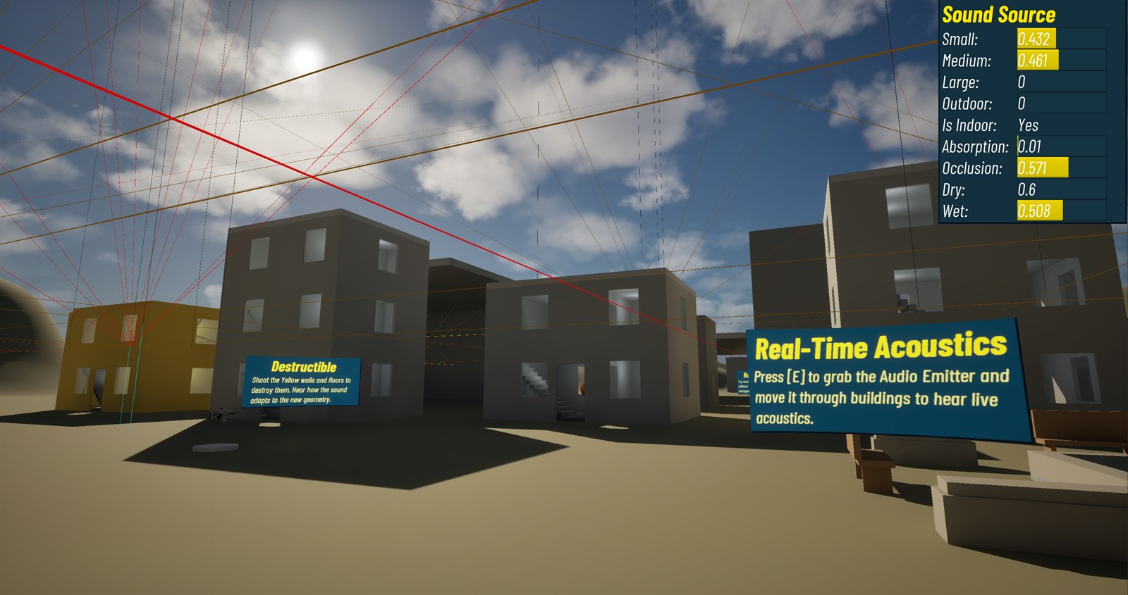 Unreal Engine 5 editor with the Excited Waves real-time acoustics debug view: per-sound-source rays and reverb parameters over scene geometry